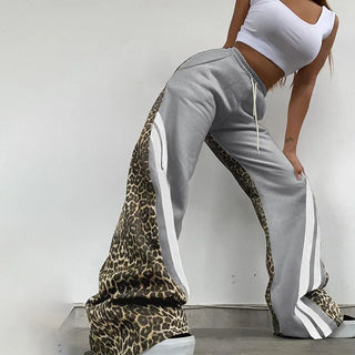 Weird Puss Side Stripe Women Flare Pants Autumn Hipster Leopard Patchwork Pocket Casual Wild Basic Street Sweatpants Trousers