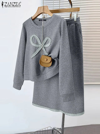 ZANZEA 2025 New Chic Sets Autumn Sports 2 Piece Dress Sets Holiday Women Bowtie Pullover Skirt Suit Casual Loose Korean Outfits