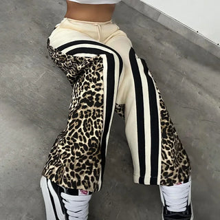 Weird Puss Side Stripe Women Flare Pants Autumn Hipster Leopard Patchwork Pocket Casual Wild Basic Street Sweatpants Trousers