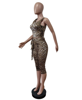Weird Puss Summer 2 Piece Set Women Leopard Print Inclined Shoulder Tank Tops+Shorts Stretch Tight Matching Streetwear Outfits