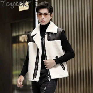 Tcyeek Natural Fur Vest for Men Genuine Leather Jacket Sleeveless Fashion Real Sheepskin Fur Jackets Man Clothing Winter Vests
