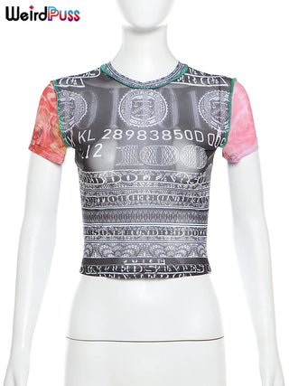 Weird Puss See Through Crop Tops Women Numeral Print Short Sleeve O-Neck Sexy Club Patchwork Streetwear Skinny Hot Girls Tees
