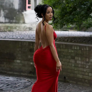 Weird Puss Sexy Evening Maxi Dress Backless Women Coquette Folds V-Neck Sleeveless Elegant Mermaid Birthday Banquet Prom Bodycon
