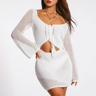 Women Crochet Knitted Bodycon Dress Hollow Out See Through Mini Dress Sexy Backless Beachwear Cover Up
