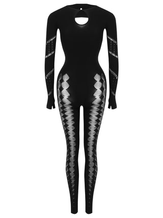 Women's Sexy See Through  Mesh Long Sleeve Cut Out Jumpsuit Lace Bodycon Romper Party Jumpsuits