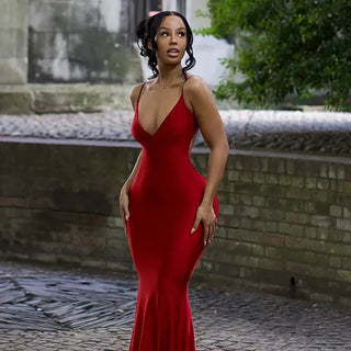 Weird Puss Sexy Evening Maxi Dress Backless Women Coquette Folds V-Neck Sleeveless Elegant Mermaid Birthday Banquet Prom Bodycon