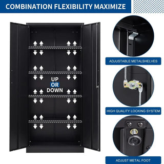 Metal Storage Cabinet-71” Tall Steel File Cabinets with Lockable Doors and Adjustable Shelves-Black Steel Storage Cabinet for Ho