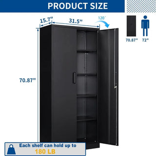 Metal Storage Cabinet-71” Tall Steel File Cabinets with Lockable Doors and Adjustable Shelves-Black Steel Storage Cabinet for Ho