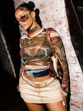 Women Weird Puss Colorful Print Crop Tops See Through 2025 Spring Full Sleeve Stretch Wild Basic Streetwear Hipster Skinny Tops