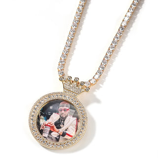 THE BLING KING Round Crown Heart Medallions Custom Photo Memory Pendant Engrave Name HipHop Jewlery Personalized Men Women Gifts