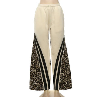Weird Puss Side Stripe Women Flare Pants Autumn Hipster Leopard Patchwork Pocket Casual Wild Basic Street Sweatpants Trousers