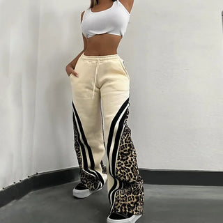 Weird Puss Side Stripe Women Flare Pants Autumn Hipster Leopard Patchwork Pocket Casual Wild Basic Street Sweatpants Trousers
