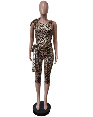 Weird Puss Summer 2 Piece Set Women Leopard Print Inclined Shoulder Tank Tops+Shorts Stretch Tight Matching Streetwear Outfits