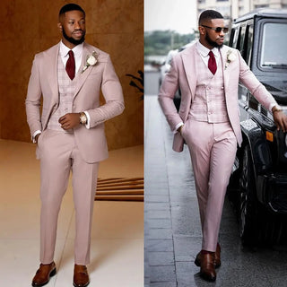 Pink Men's Suits Tailored 3 Pieces Blazer Vest Pants Peaked Lapel Single Breasted Plaid Wedding Groom Customized Plus Size