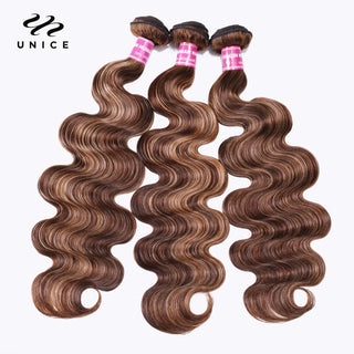 Unice Hair Honey Blonde Highlight Body Wave Human Hair Bundles 3/4 Bundles Mixed Brown Colored Hair Bundles Quick Weave Sew In