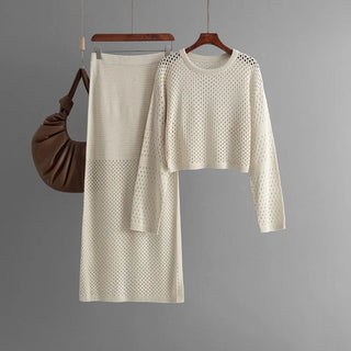 Women's clothing 2025 new summer long sleeved hollow knitted sweater long skirt fashion two-piece dress set skirt sets
