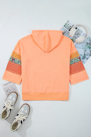 Grapefruit Orange Plaid Floral Patchwork Kangaroo Pocket Hooded Long Sleeve Top