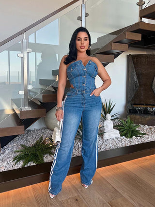 Demin Overalls Jumpsuits Women One Piece Strapless Sleeveless Long Pants Wide Leg Pant Rompers Y2k Streetwear Slim Fit 2025