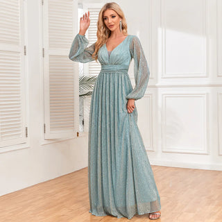 New women's bright and sparkling pleated elastic perspective long sleeved V-neck A large swing skirt with full lining elegant ev