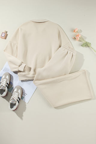 Beige Drop Shoulder Zip Up Jacket Drawstring Pants Active 2pcs Set
