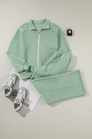 Clearly Aqua Drop Shoulder Zip Up Jacket Drawstring Pants Active 2pcs Set