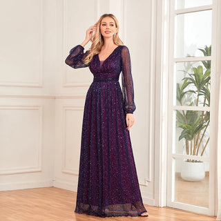 New women's bright and sparkling pleated elastic perspective long sleeved V-neck A large swing skirt with full lining elegant ev