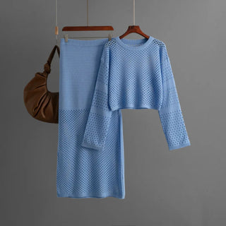 Women's clothing 2025 new summer long sleeved hollow knitted sweater long skirt fashion two-piece dress set skirt sets