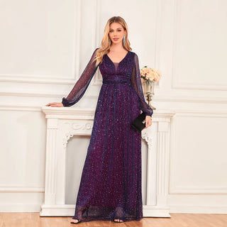 New women's bright and sparkling pleated elastic perspective long sleeved V-neck A large swing skirt with full lining elegant ev