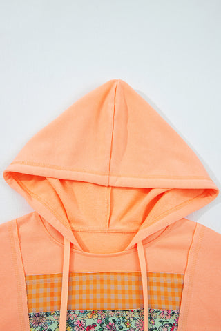 Grapefruit Orange Plaid Floral Patchwork Kangaroo Pocket Hooded Long Sleeve Top