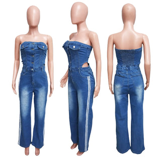 Demin Overalls Jumpsuits Women One Piece Strapless Sleeveless Long Pants Wide Leg Pant Rompers Y2k Streetwear Slim Fit 2025