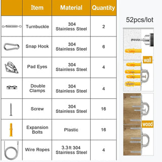 52pcs Sun Shade Sail Hardware Kit for Rectangle Triangle Sun Shade Sails Canopy Installation 304 Stainless Steel Accessories Set