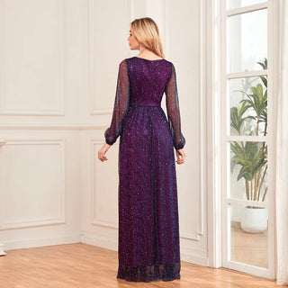 New women's bright and sparkling pleated elastic perspective long sleeved V-neck A large swing skirt with full lining elegant ev