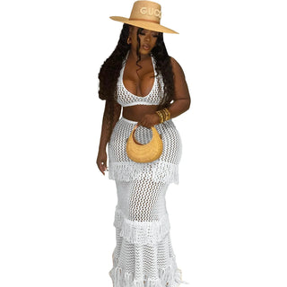 XIZOU Beach Vacation 2 Piece Set Knit Women Y2K See Through Halter Low-Neck Tank Top+Tassel Multilayer Skirts Sexy Clubwear