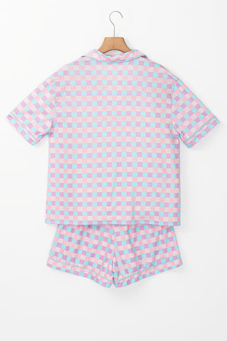 Purple Checkered Pattern Short Sleeve Pajamas Set