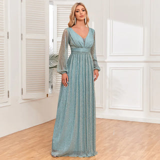New women's bright and sparkling pleated elastic perspective long sleeved V-neck A large swing skirt with full lining elegant ev