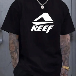 Men's summer 100% pure cotton fashionable casual loose geometric pattern REEF letter printed round neck short sleeved T-shirt