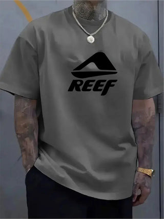 Men's summer 100% pure cotton fashionable casual loose geometric pattern REEF letter printed round neck short sleeved T-shirt