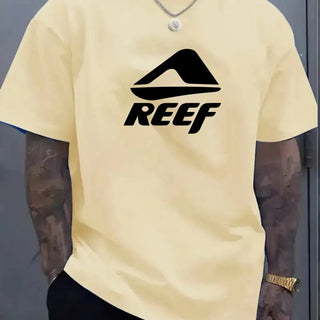Men's summer 100% pure cotton fashionable casual loose geometric pattern REEF letter printed round neck short sleeved T-shirt