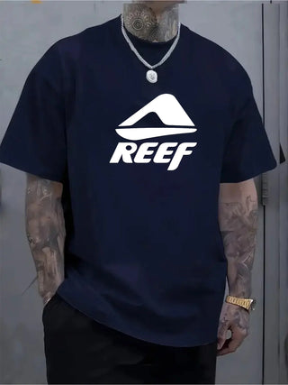 Men's summer 100% pure cotton fashionable casual loose geometric pattern REEF letter printed round neck short sleeved T-shirt