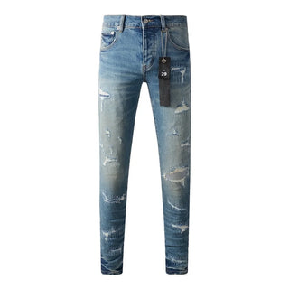 Fashion American Streetwear Distressed Vintage Men's Jeans Low Rise Stretch Skinny Button Fly Ripped Hold Pants