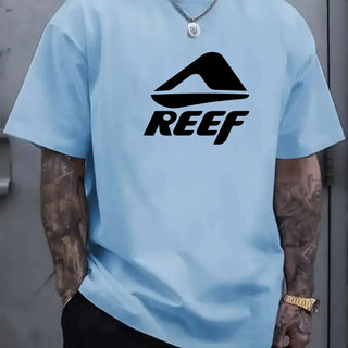 Men's summer 100% pure cotton fashionable casual loose geometric pattern REEF letter printed round neck short sleeved T-shirt