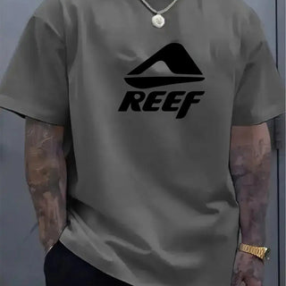 Men's summer 100% pure cotton fashionable casual loose geometric pattern REEF letter printed round neck short sleeved T-shirt