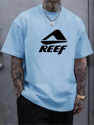 Men's summer 100% pure cotton fashionable casual loose geometric pattern REEF letter printed round neck short sleeved T-shirt