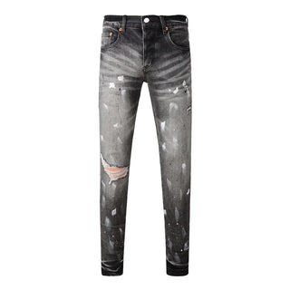 Fashion American Streetwear Distressed Vintage Men's Jeans Low Rise Stretch Skinny Button Fly Ripped Hold Pants