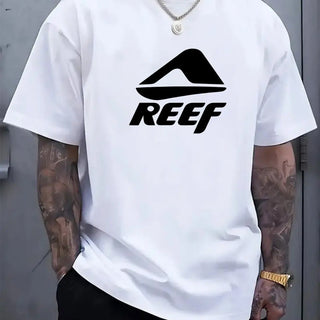 Men's summer 100% pure cotton fashionable casual loose geometric pattern REEF letter printed round neck short sleeved T-shirt