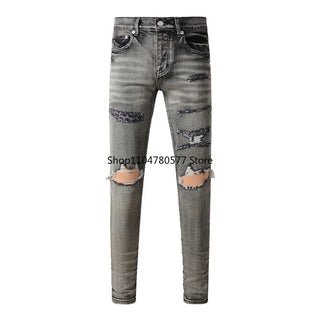 Fashion American Streetwear Distressed Vintage Men's Jeans Low Rise Stretch Skinny Button Fly Ripped Hold Pants