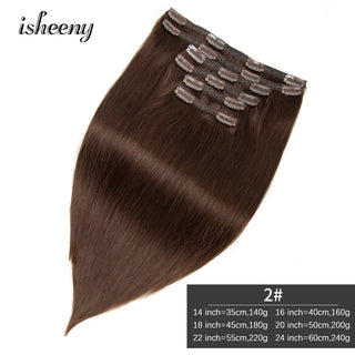 Isheeny 140-240G Volume Clip In Human Hair Extensions Straight 14"-24" Brazilian Machine Remy Straight Natural Clip In Full Head