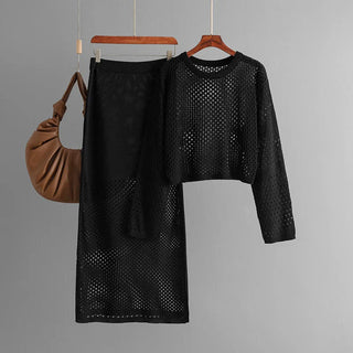 Women's clothing 2025 new summer long sleeved hollow knitted sweater long skirt fashion two-piece dress set skirt sets