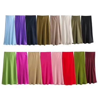 TRAFZA 2024 Y2K Casual Women Long Skirt Spring Elastic High Waisted A-Line Casual Female Satin Skirts High Street Lady Skirts