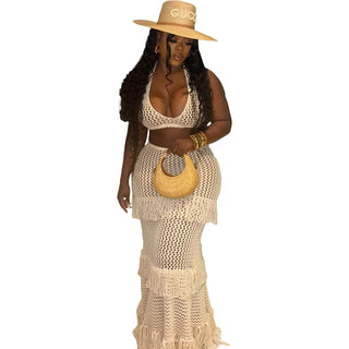 XIZOU Beach Vacation 2 Piece Set Knit Women Y2K See Through Halter Low-Neck Tank Top+Tassel Multilayer Skirts Sexy Clubwear